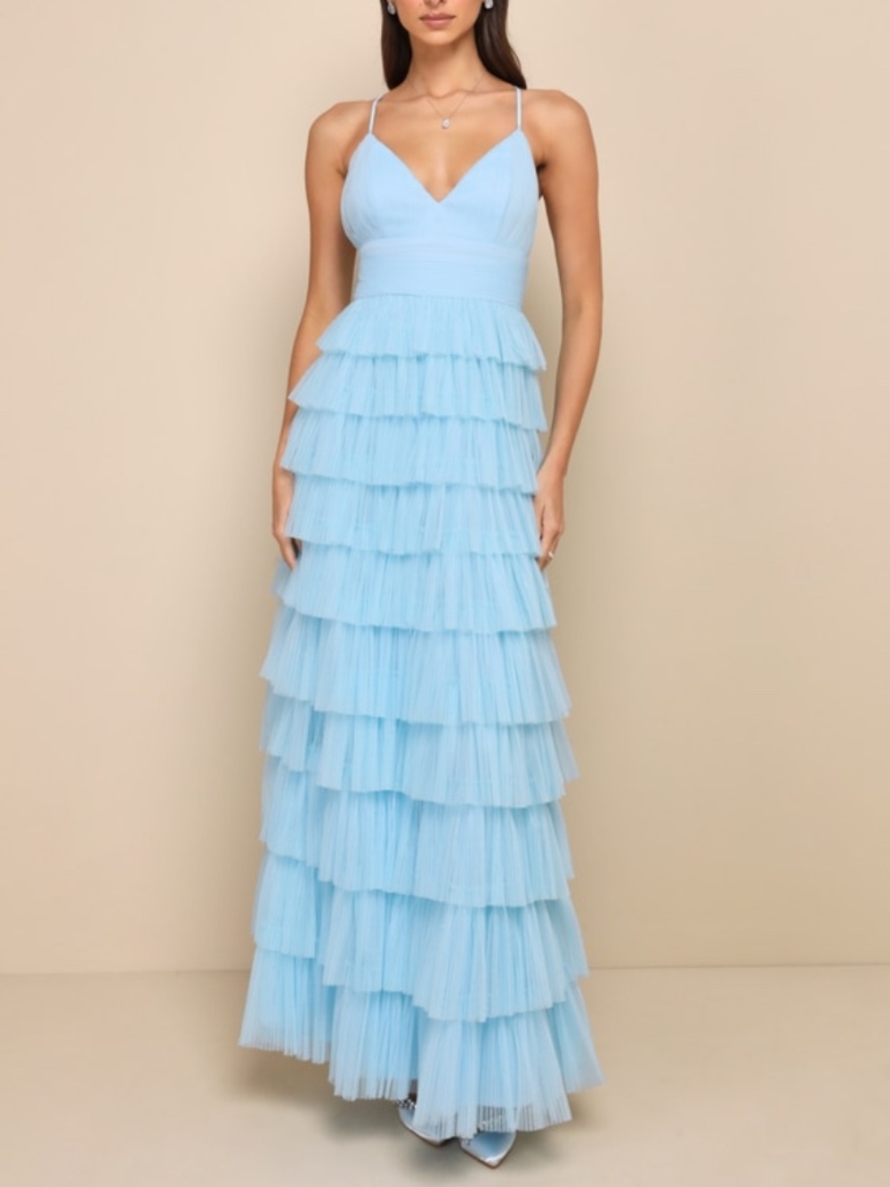 Lulus Radiant Event Light Blue Mesh Tiered Pleated Backless Maxi Dress - Size XL